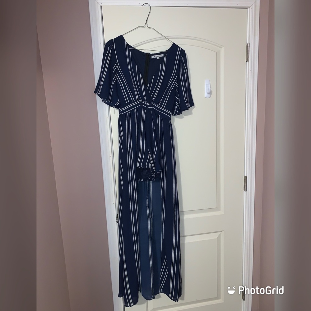 Navy & White Pinstripe Romper Flowy Long Skirt
